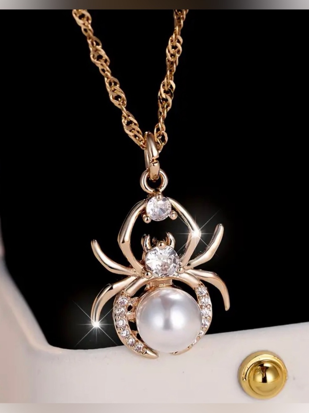 Elegant Gold Pearl Spider Pendant Necklace.